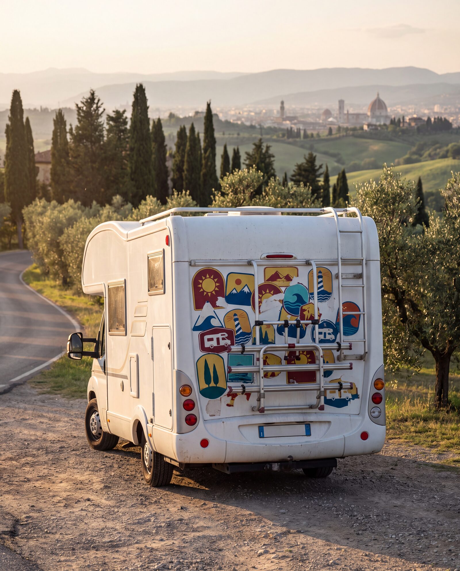 Retro di un camper mansardato bianco coperto di adesivi dei viaggi, in sosta su una strada tra cipressi e ulivi sulle colline sopra Firenze, con la cupola del Duomo lontana nella valle