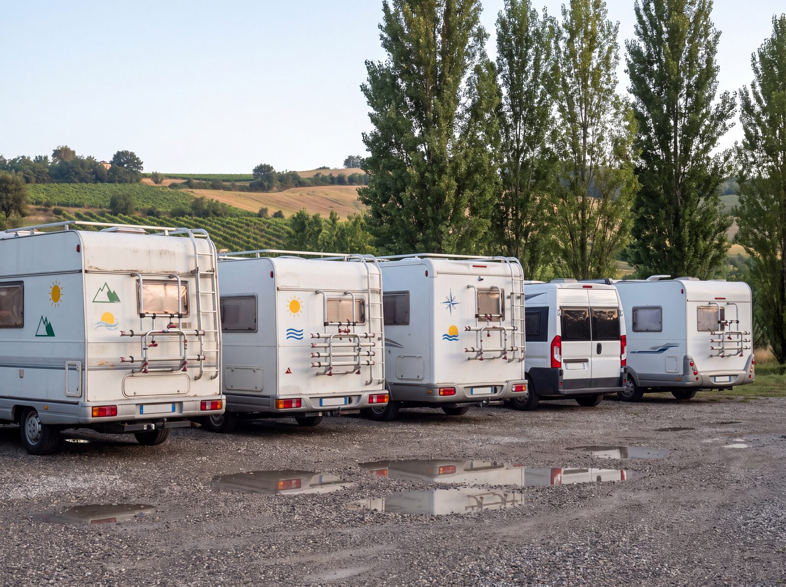 Camper usati di tipi diversi parcheggiati in fila in un piazzale di ghiaia in campagna, visti da dietro